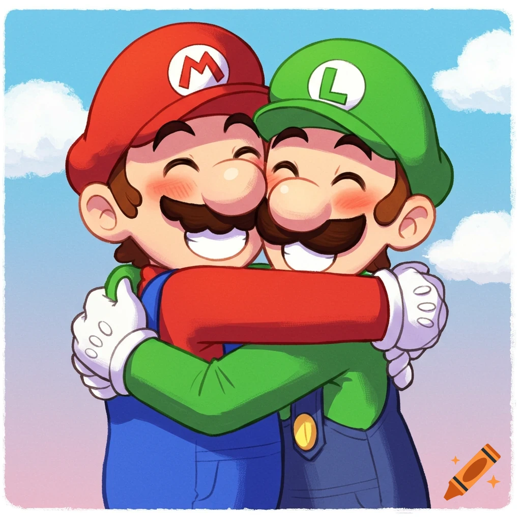 Mario and Luigi hug happily.