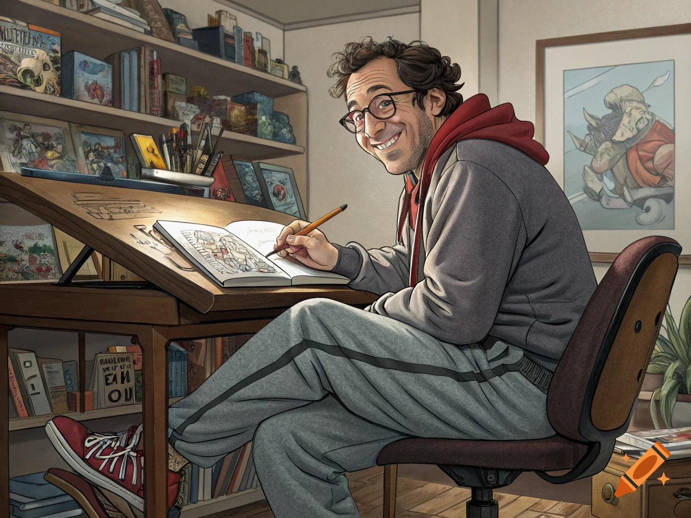 A cartoonist with glasses and red hoodie draws in a sketchbook at a desk in an art studio, comic style.