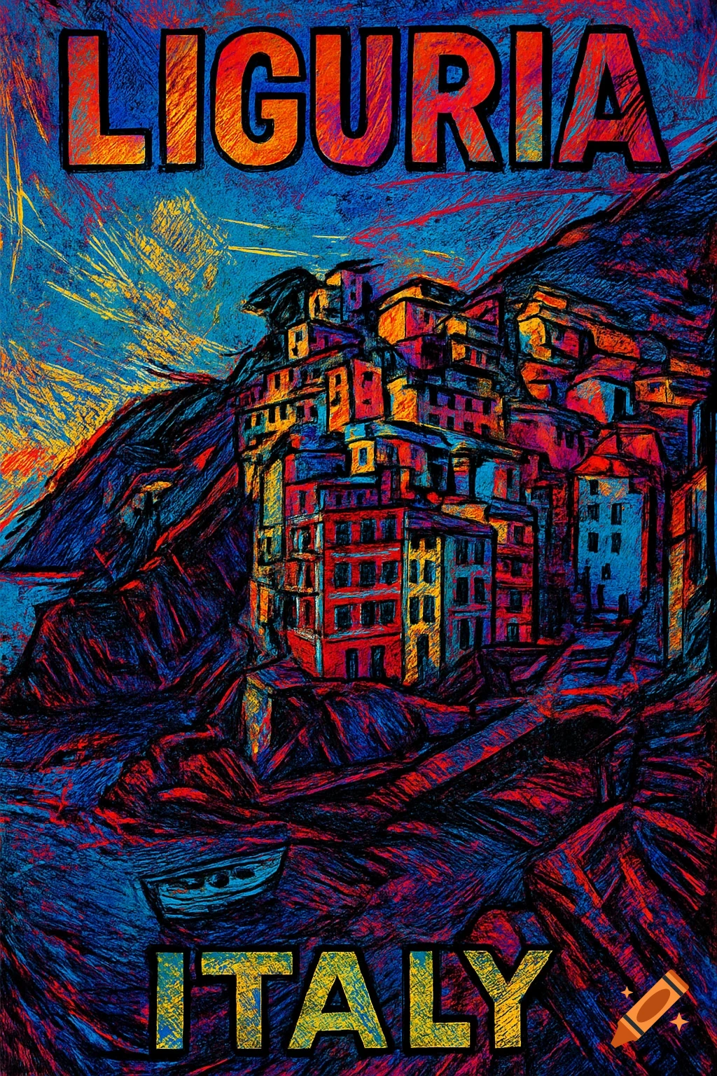 Colorful scratchy illustration of a town on a hillside overlooking water, with text Liguria and Italy.