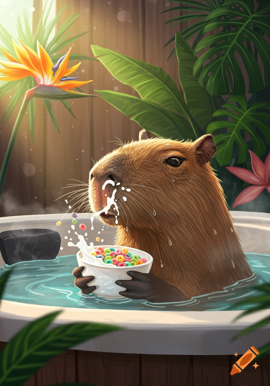 A capybara eats a bowl of cereal in a hot tub surrounded by tropical plants.