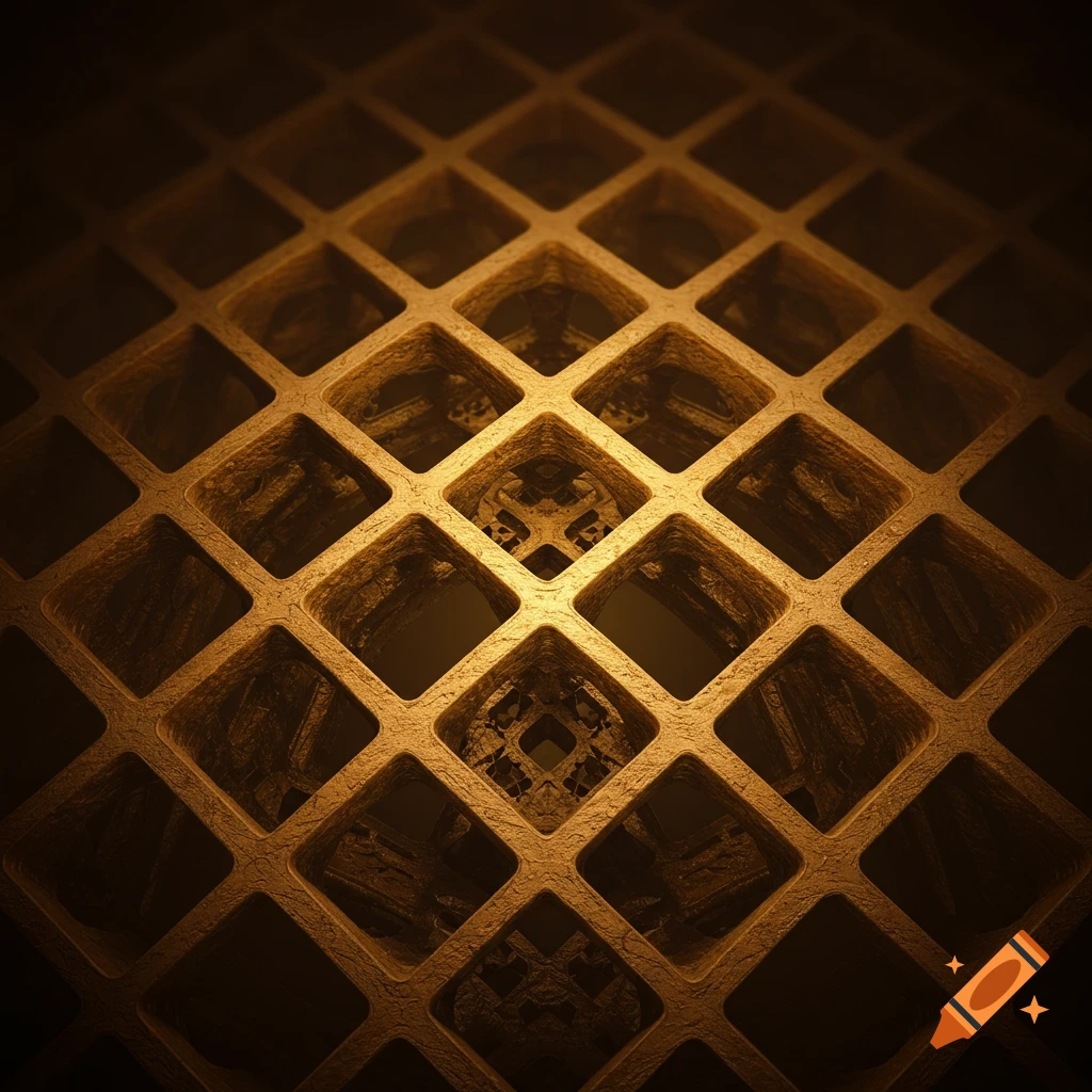 A close-up perspective view of a golden-brown square grid pattern.