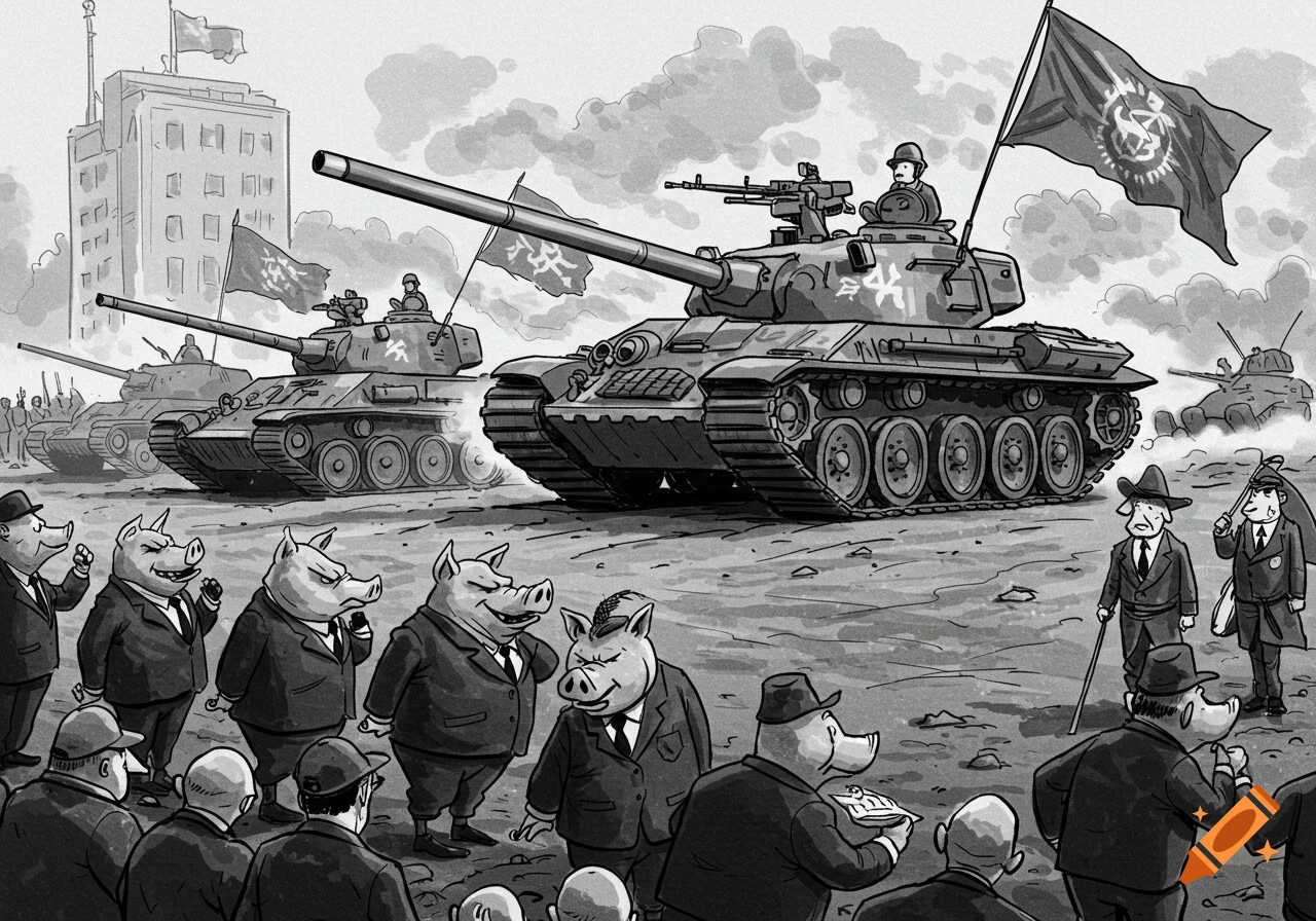Black and white political cartoon of tanks in a parade watched by pigs in suits.