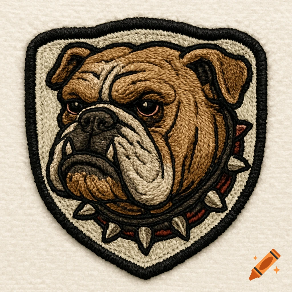 Embroidered patch featuring a detailed bulldog head