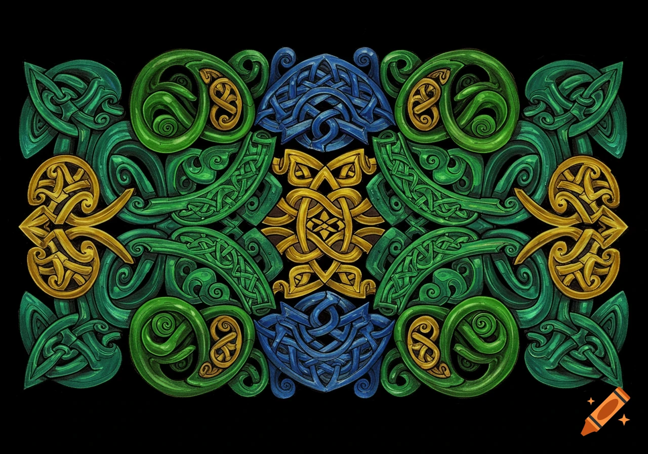 Green, blue, and gold Celtic knot pattern on a black background.