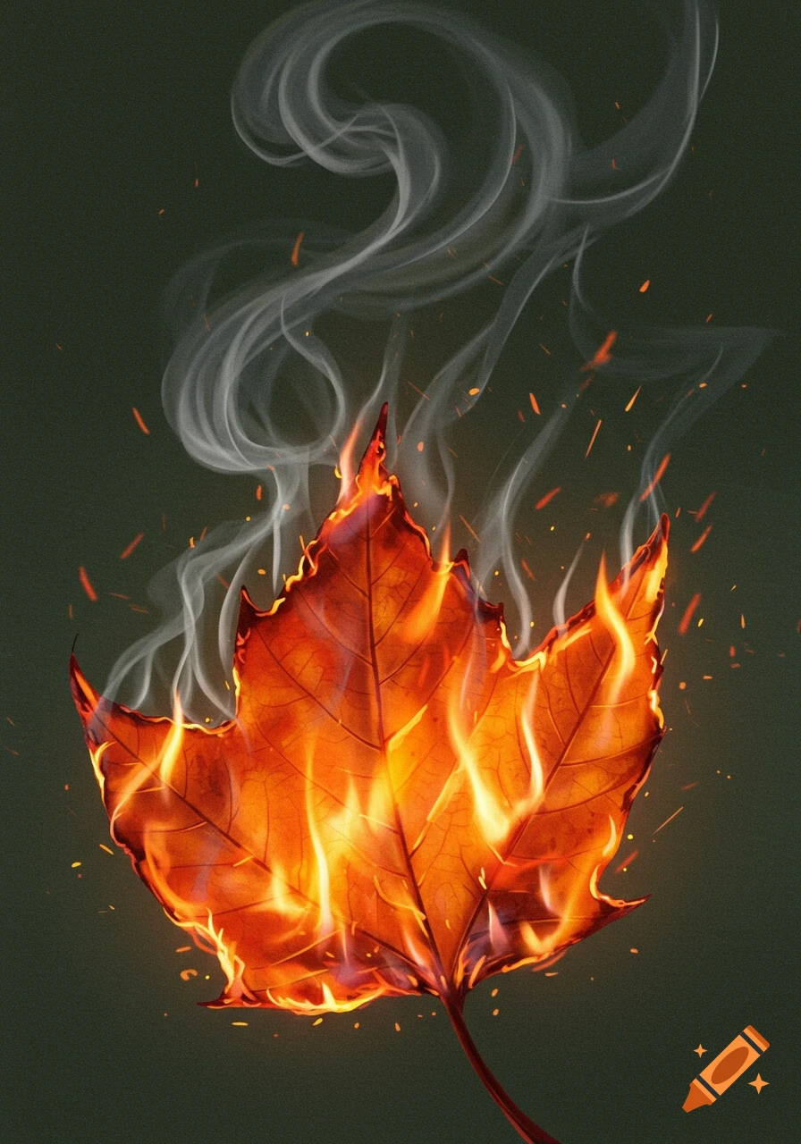 An autumn leaf engulfed in flames with smoke rising.