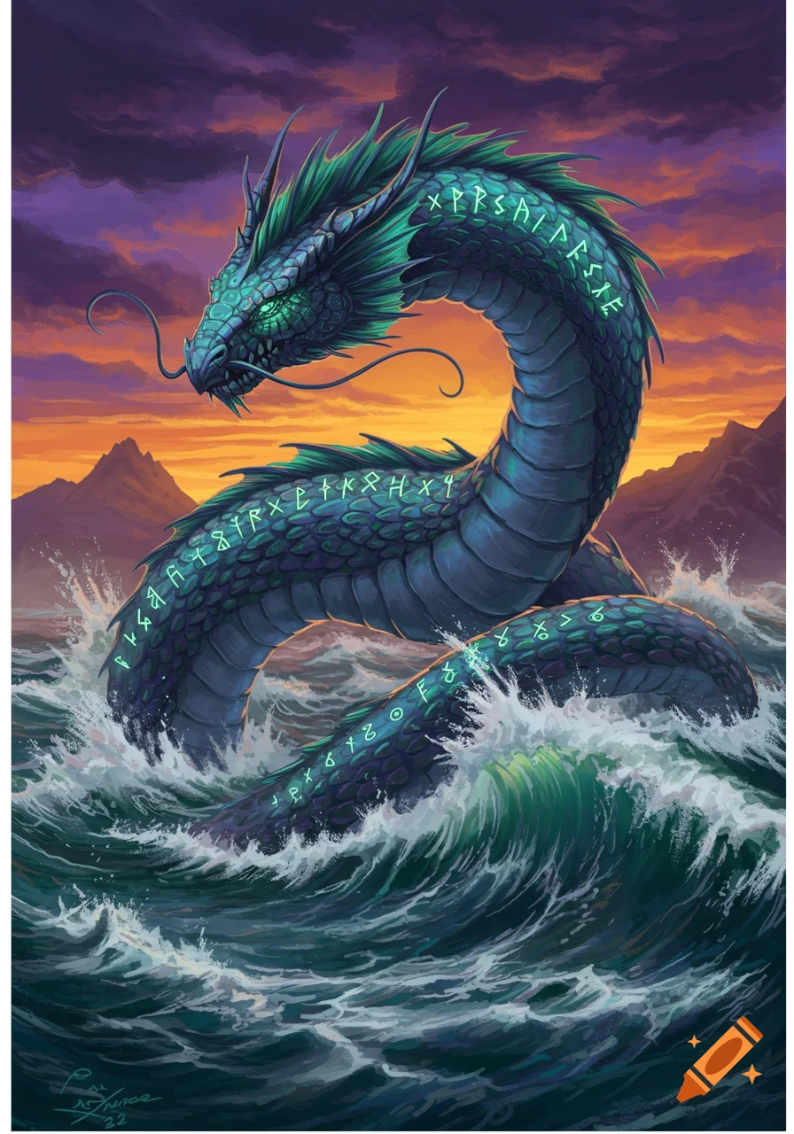 Large sea dragon with glowing runes rises from stormy waves at sunset, fantasy illustration.