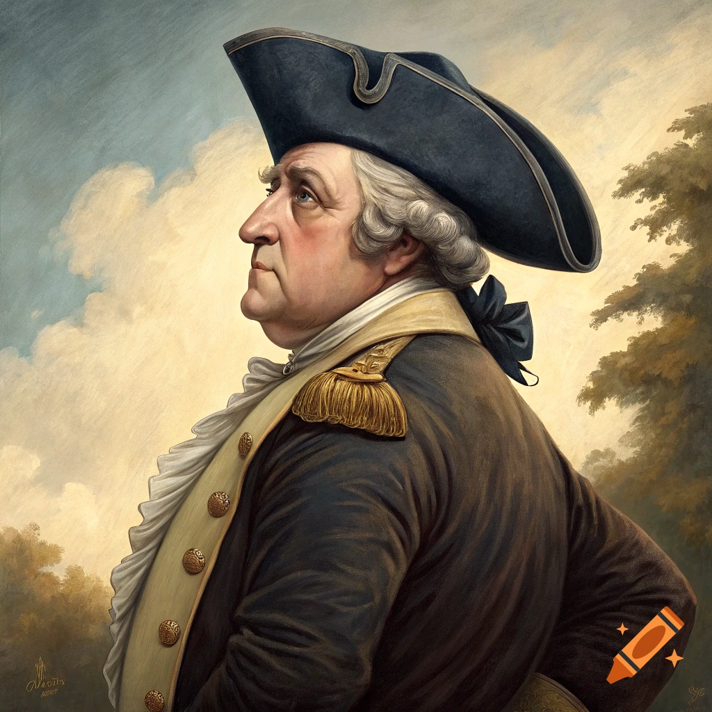 Painting of George Washington in military uniform against a cloudy sky