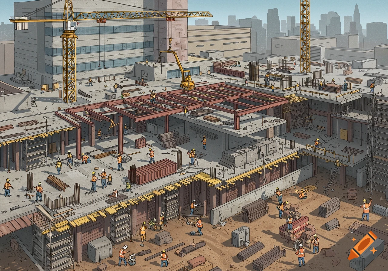 Detailed illustration of a large construction site with many workers, cranes, and materials.