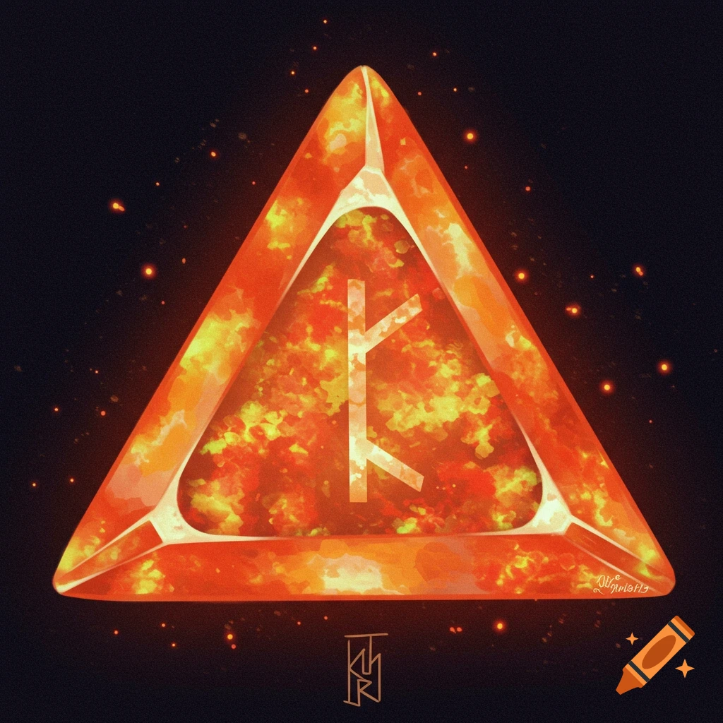 A glowing triangular fire opal contains a white rune symbol, set against a dark background with sparks.