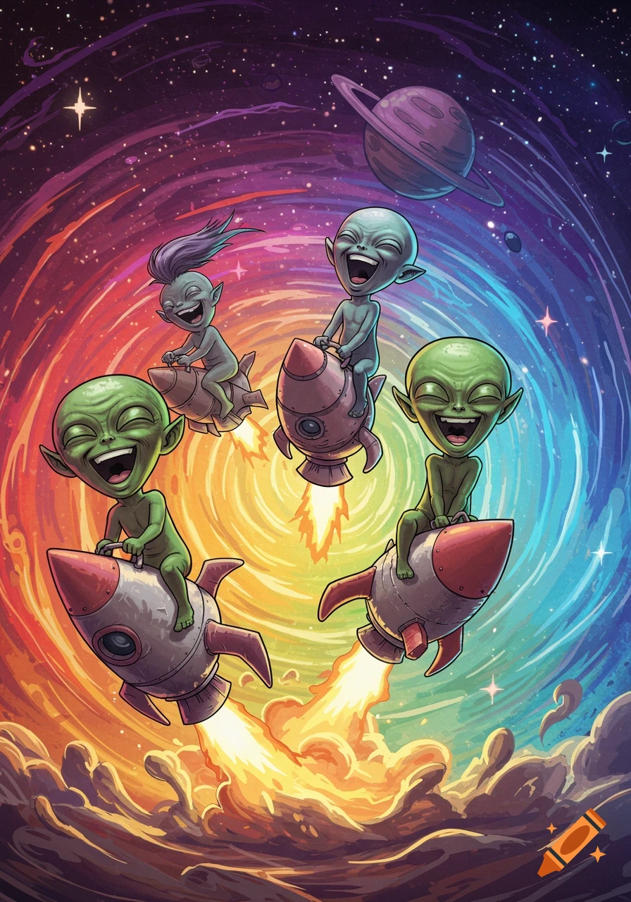 Laughing cartoon aliens ride rockets through a colorful vortex in space.