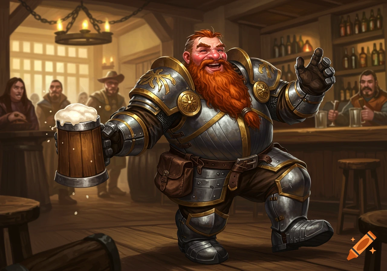 A cheerful dwarf paladin in armor holds up a frothy beer mug in a bustling tavern. Digital painting.