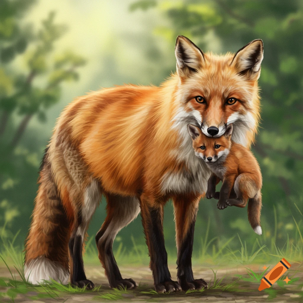 Digital painting of a mother fox carrying her kit in her mouth in a forest.