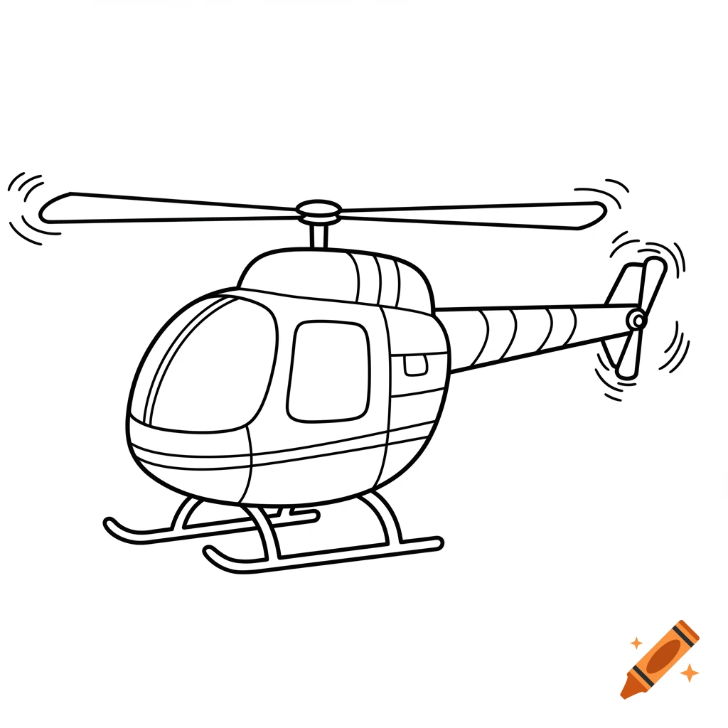 Black and white line drawing of a cartoon helicopter with spinning blades.