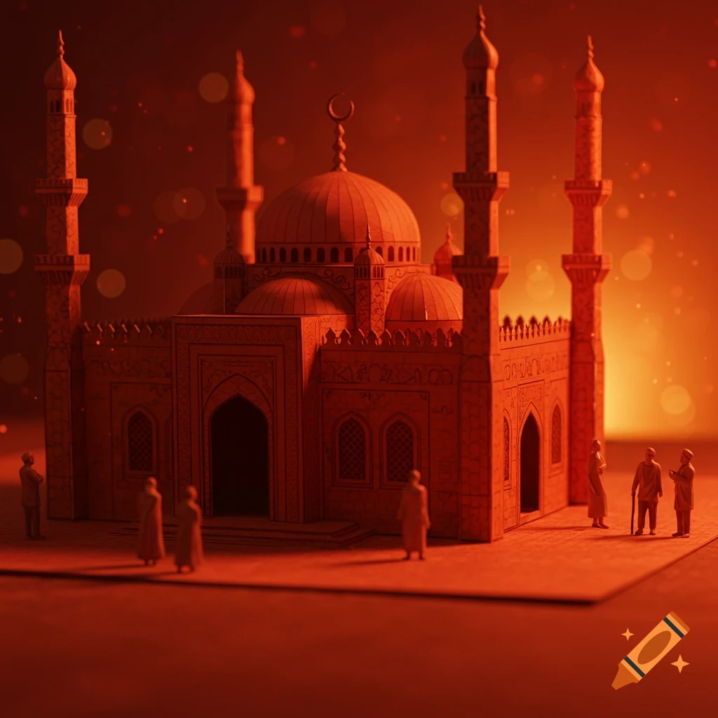 A miniature paper model of a mosque with small figures outside, in warm red light.