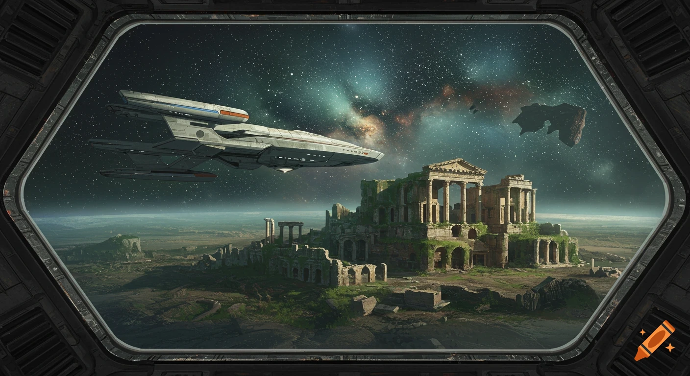 View from a spaceship window of ancient ruins on a planet with a spaceship and asteroid.