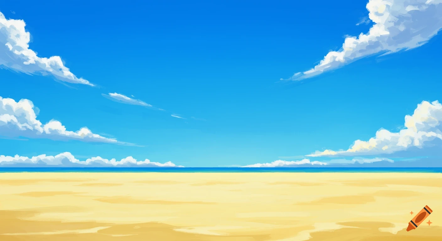 A bright, sunny beach landscape with blue sky and white clouds.