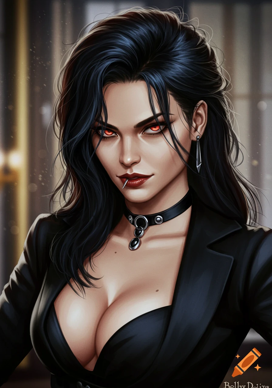 Close-up portrait of a woman with dark hair, red eyes, a lip piercing, and a black choker.