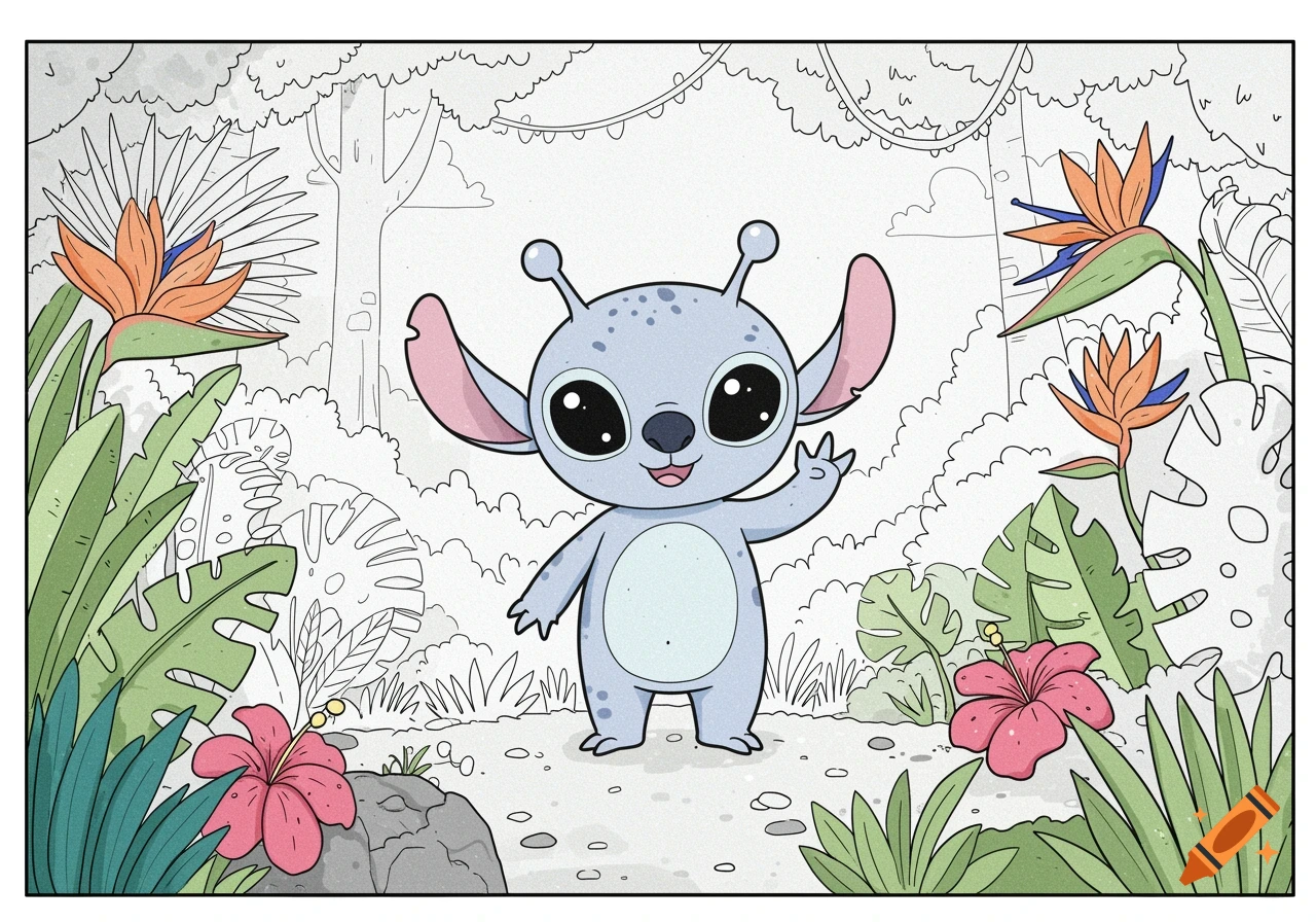 A cute cartoon blue alien stands in a jungle in coloring page style.