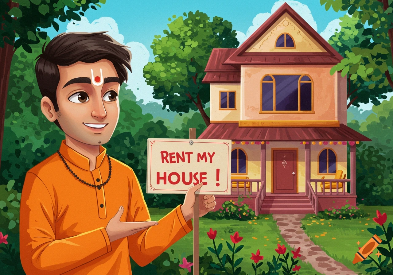 An illustration of a cartoon man in an orange outfit holding a sign that says "RENT MY HOUSE!" in front of a large house.