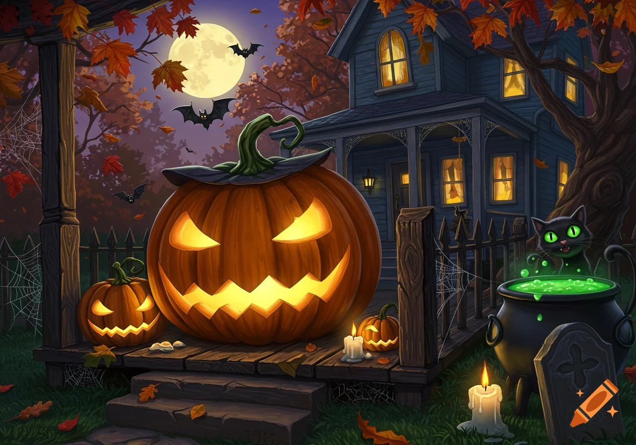 An illustration of a spooky haunted house at night with jack-o'-lanterns, bats, and a black cat beside a bubbling cauldron.
