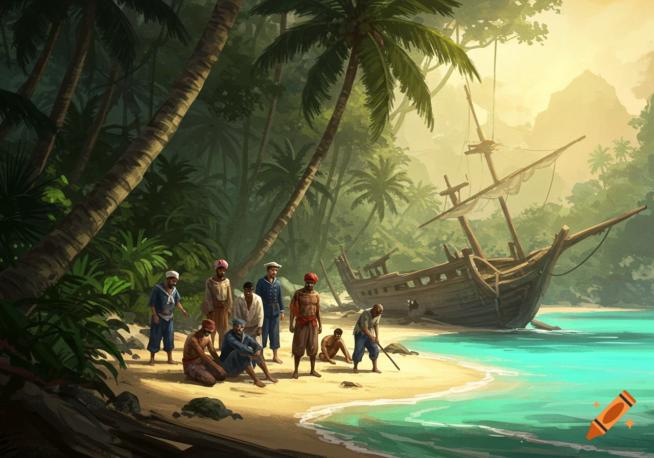 Sailors stand on a tropical beach next to a shipwreck, with palm trees and jungle behind them, painting style