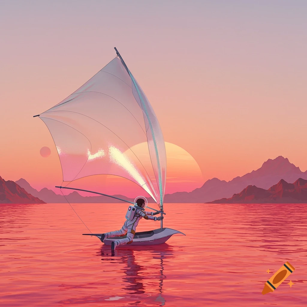 Astronaut sailing a small boat under a reddish sunset sky with mountains and two planets.