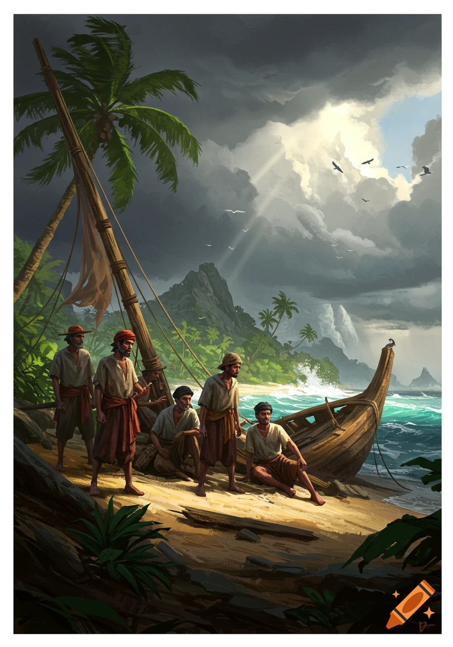 Shipwrecked sailors on a tropical beach under a stormy sky, digital painting.