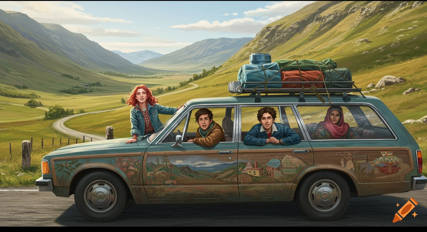 Friends travel in a car on a road through a green valley.