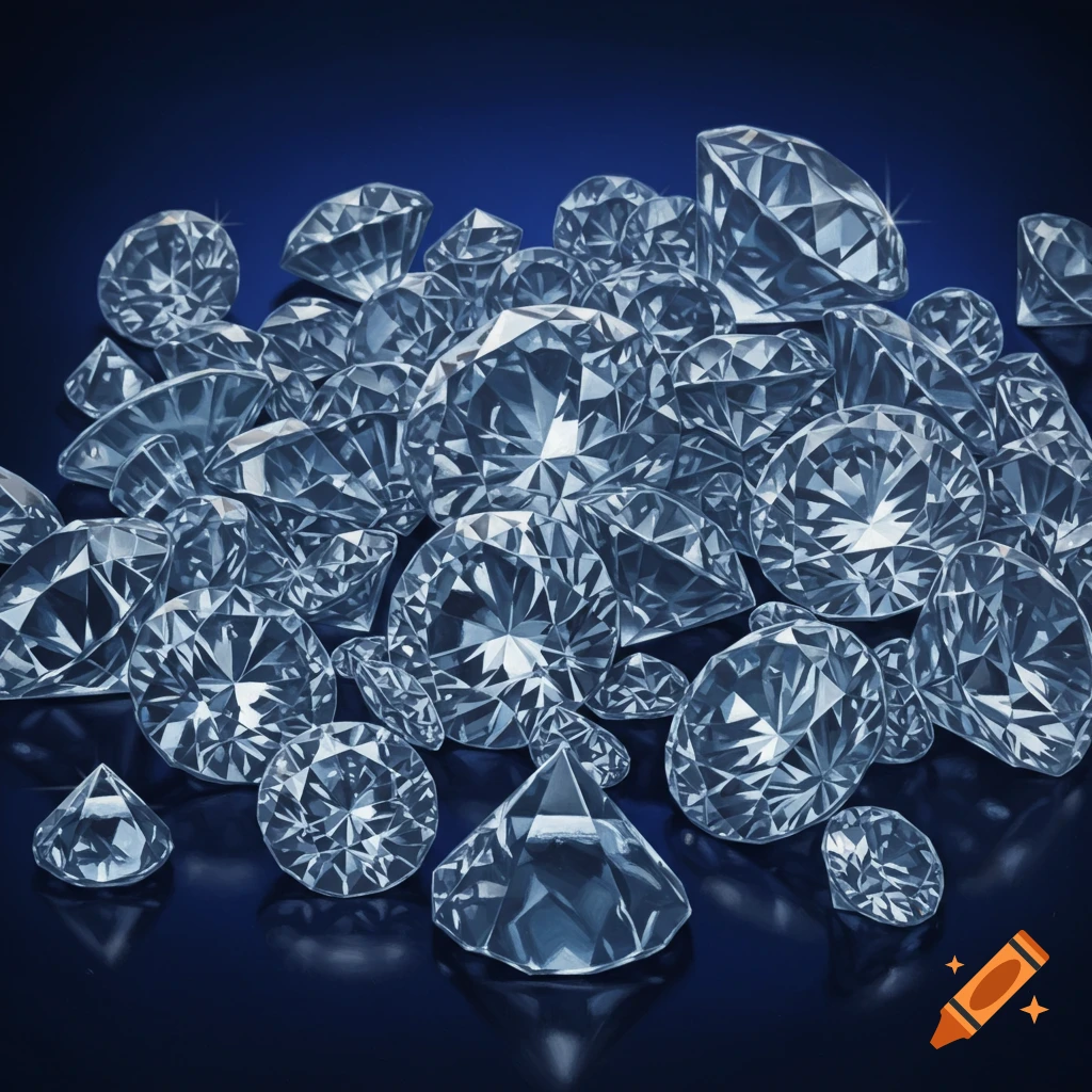 A pile of shimmering cut diamonds on a dark blue surface.