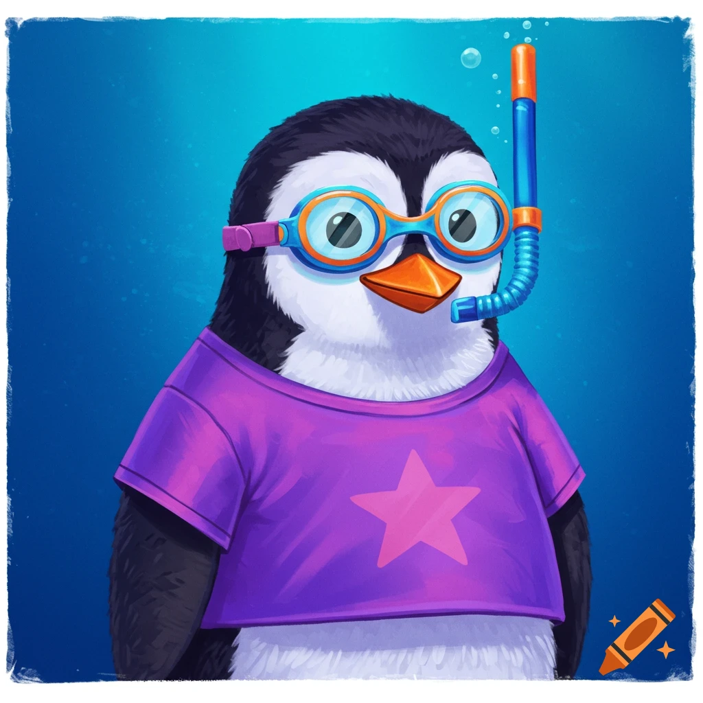 Cartoon penguin wearing purple star t-shirt, goggles, and snorkel against a blue background.
