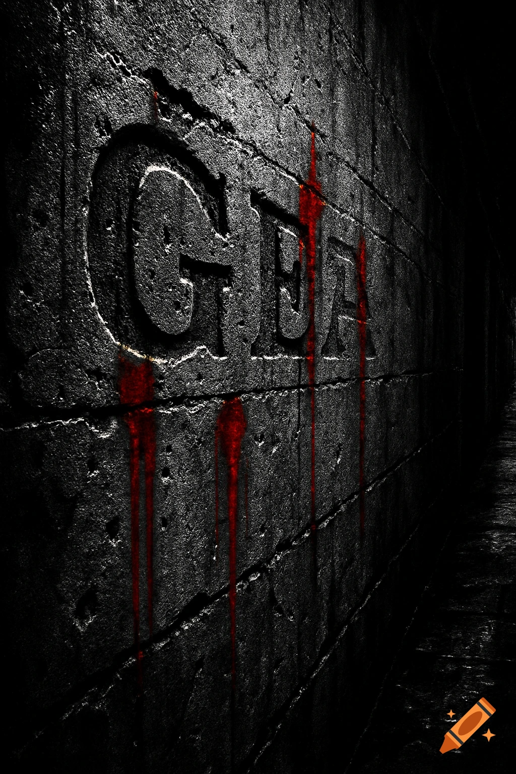 Dark, wet concrete wall with embossed 'GEA' and red streaks in a high-contrast, gritty style.