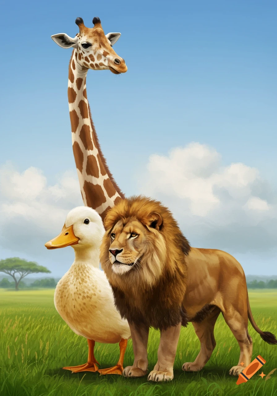 Hybrid animal with a giraffe neck, duck head and feet, and lion body standing in a grassy field.