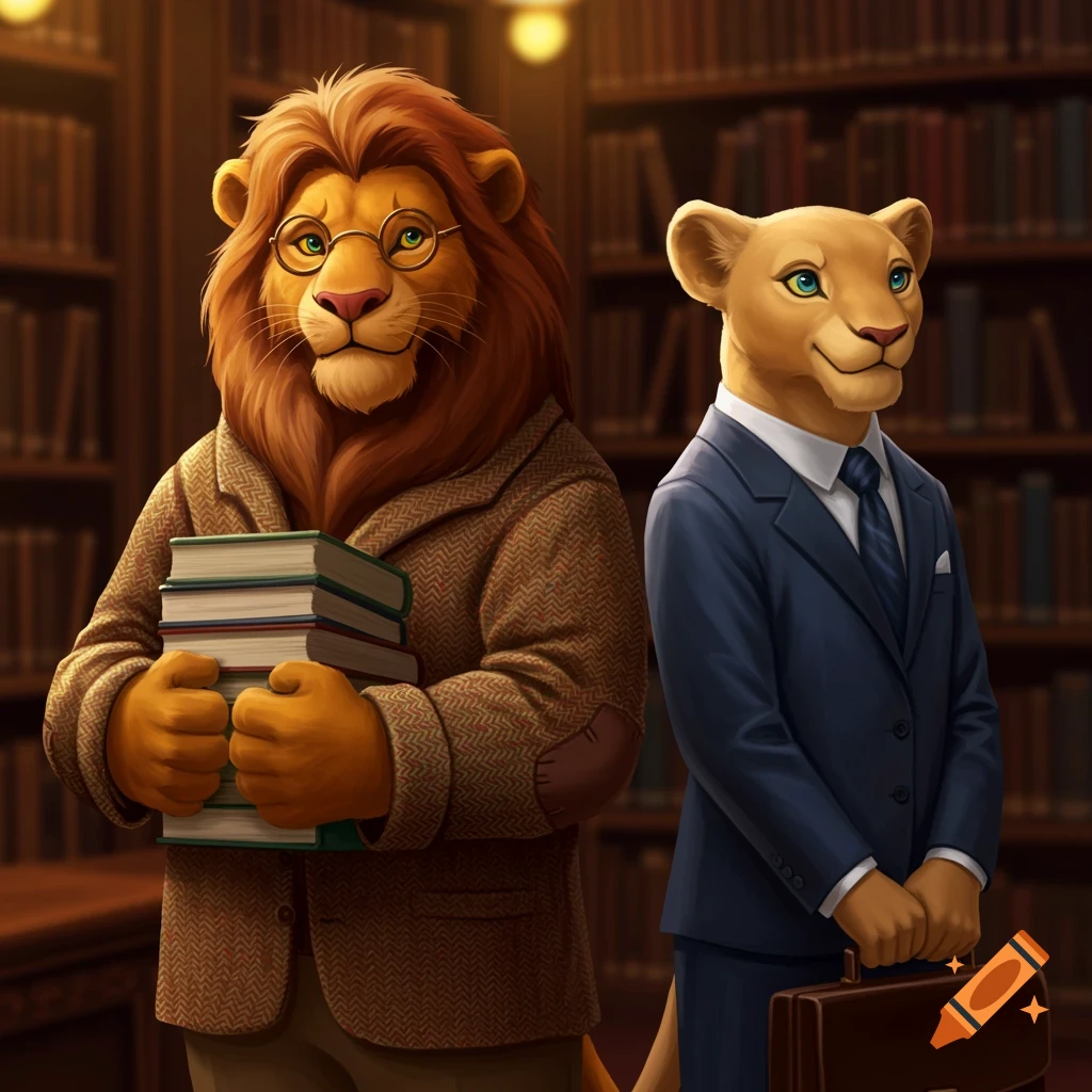 A male lion in glasses and tweed holds books next to a lioness in a suit with a briefcase in a library.