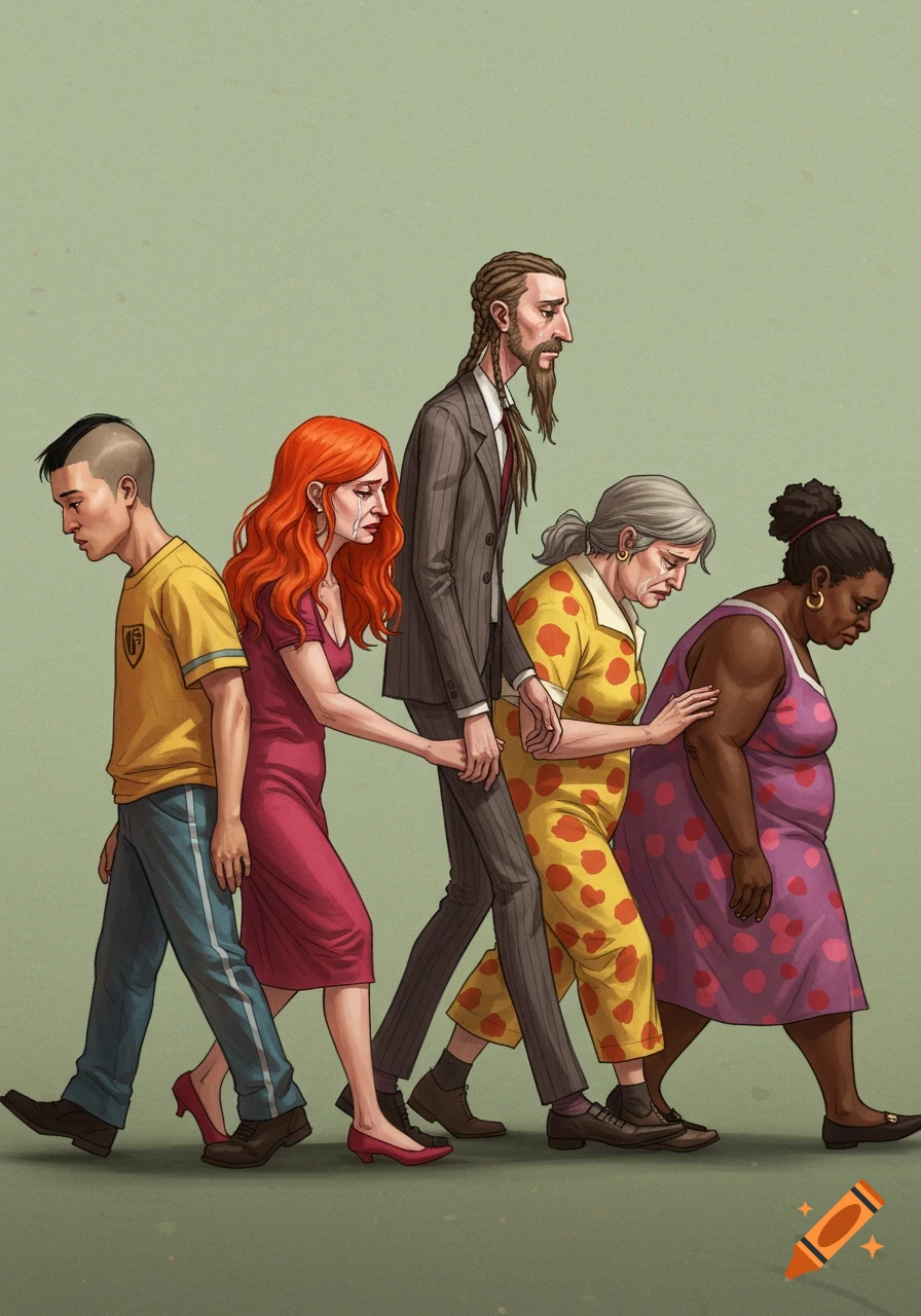Stylized illustration of a line of diverse people walking, looking sad and tearful.