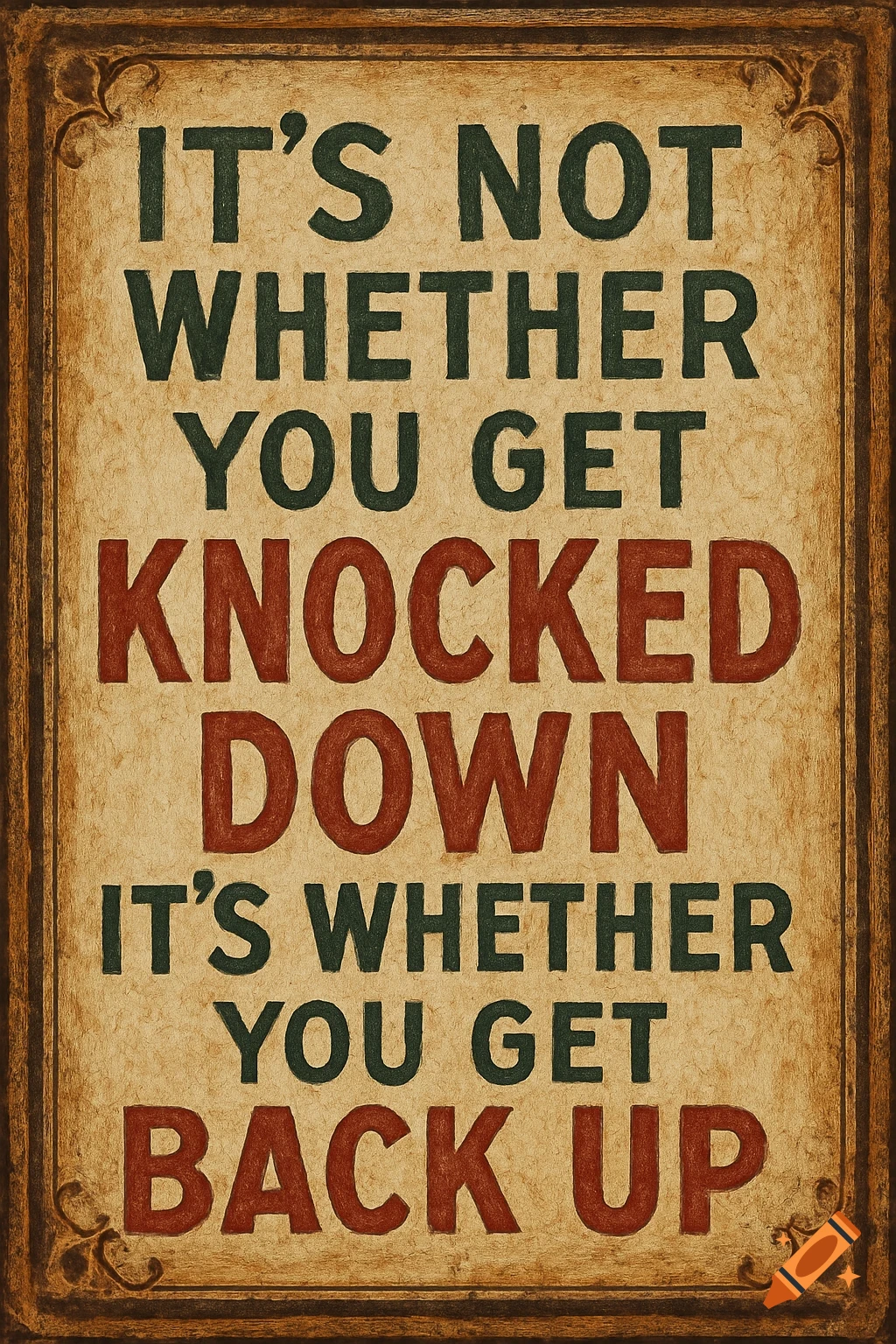 A vintage sign on textured paper with the quote "IT'S NOT WHETHER YOU GET KNOCKED DOWN IT'S WHETHER YOU GET BACK UP".
