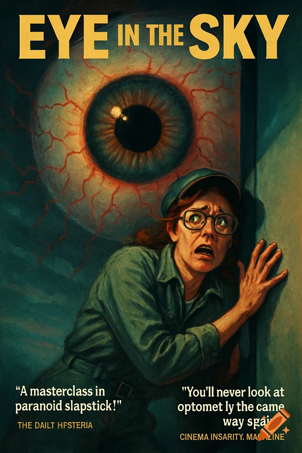 A movie poster for 'Eye in the Sky' featuring a terrified woman hiding from a giant bloodshot eyeball.