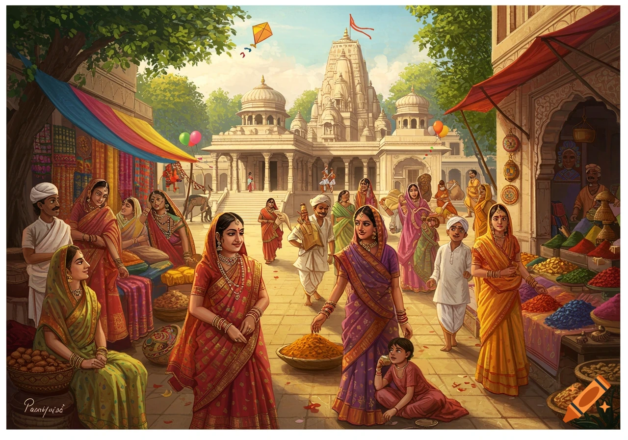 Illustrative scene of a bustling traditional Indian market with people, colorful stalls, and a grand temple in the background.