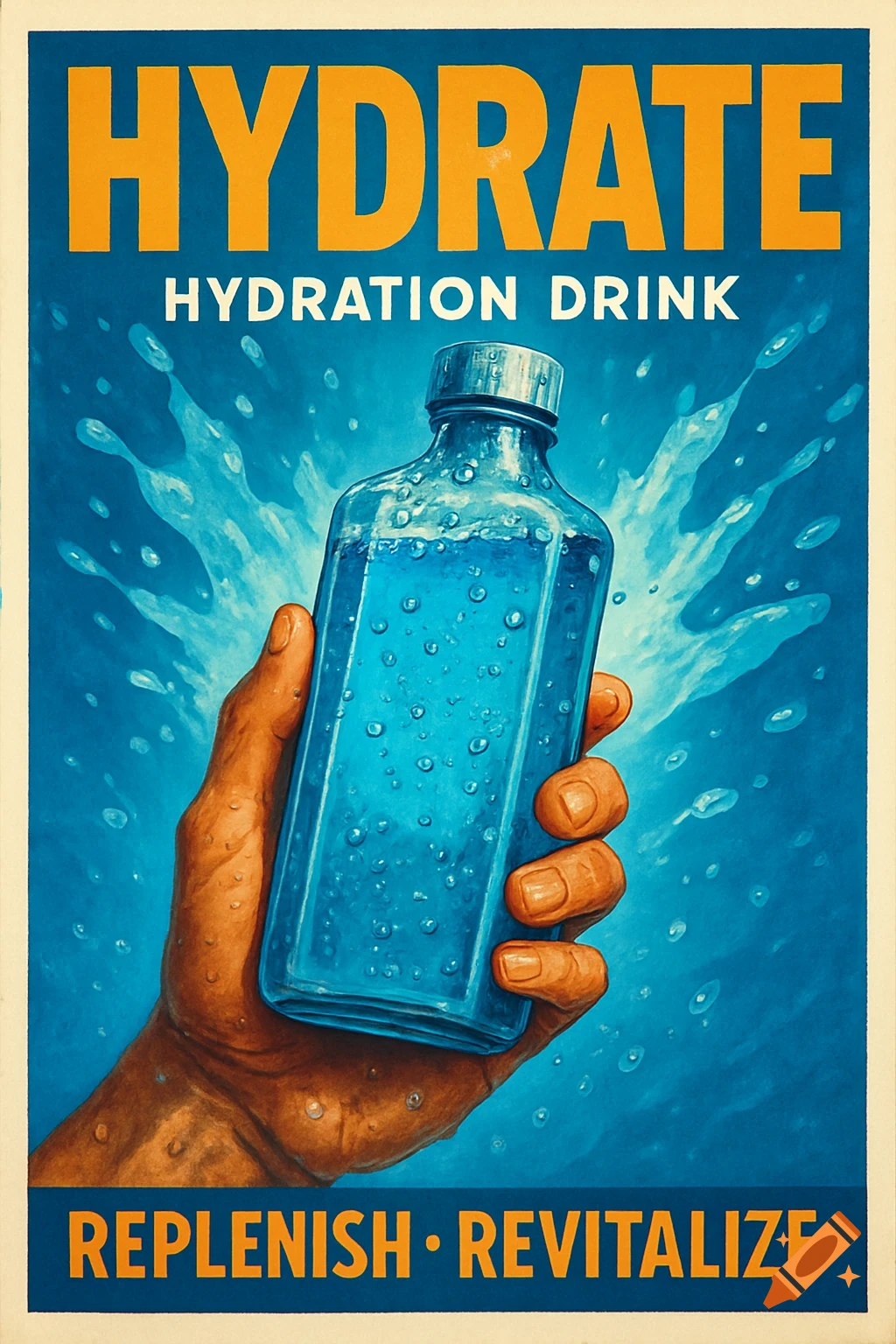 Painted poster ad of a hand holding a hydration drink bottle with text.