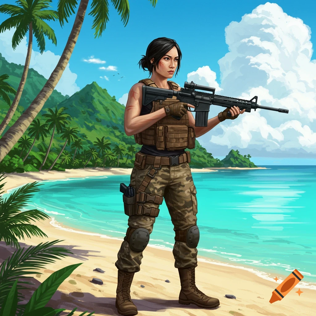 Woman in tactical gear with rifle on a tropical beach