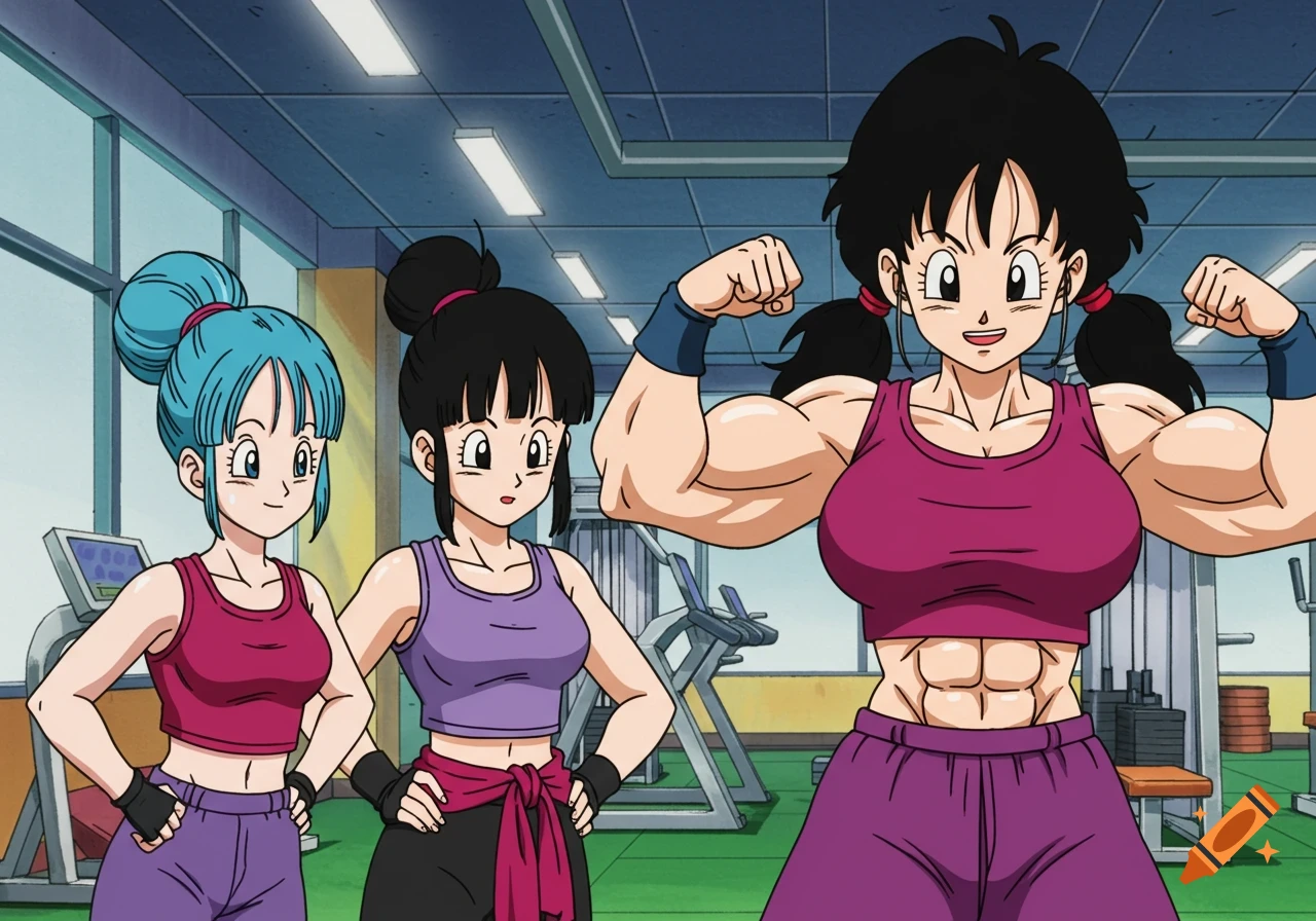 Three anime characters in a gym, one flexing large muscles as the others watch.