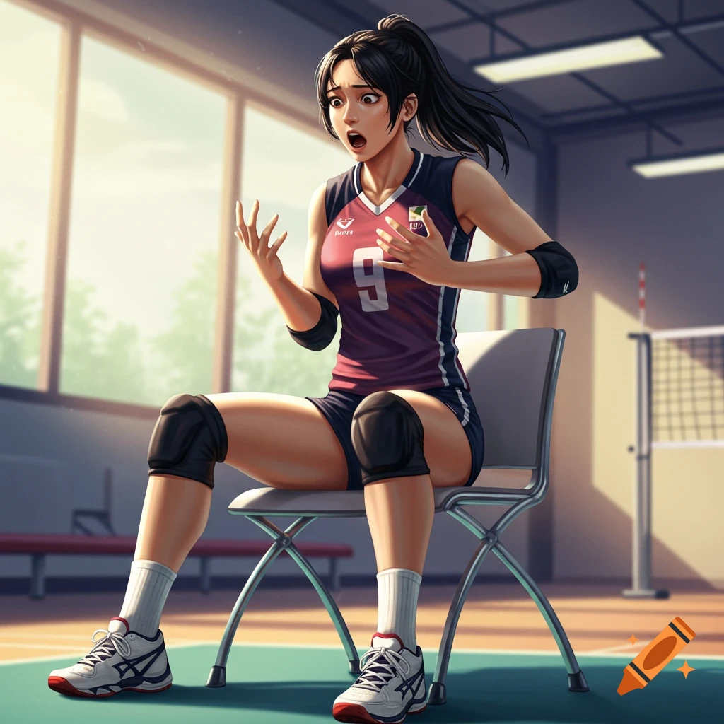 Anime illustration of a shocked female volleyball player in uniform sitting in a gym.