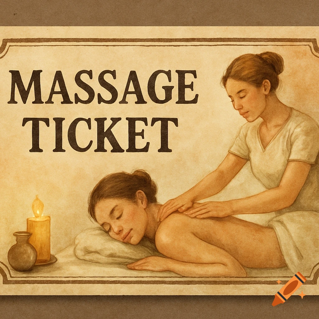 Vintage illustration of a massage ticket featuring two women, one receiving a back massage.