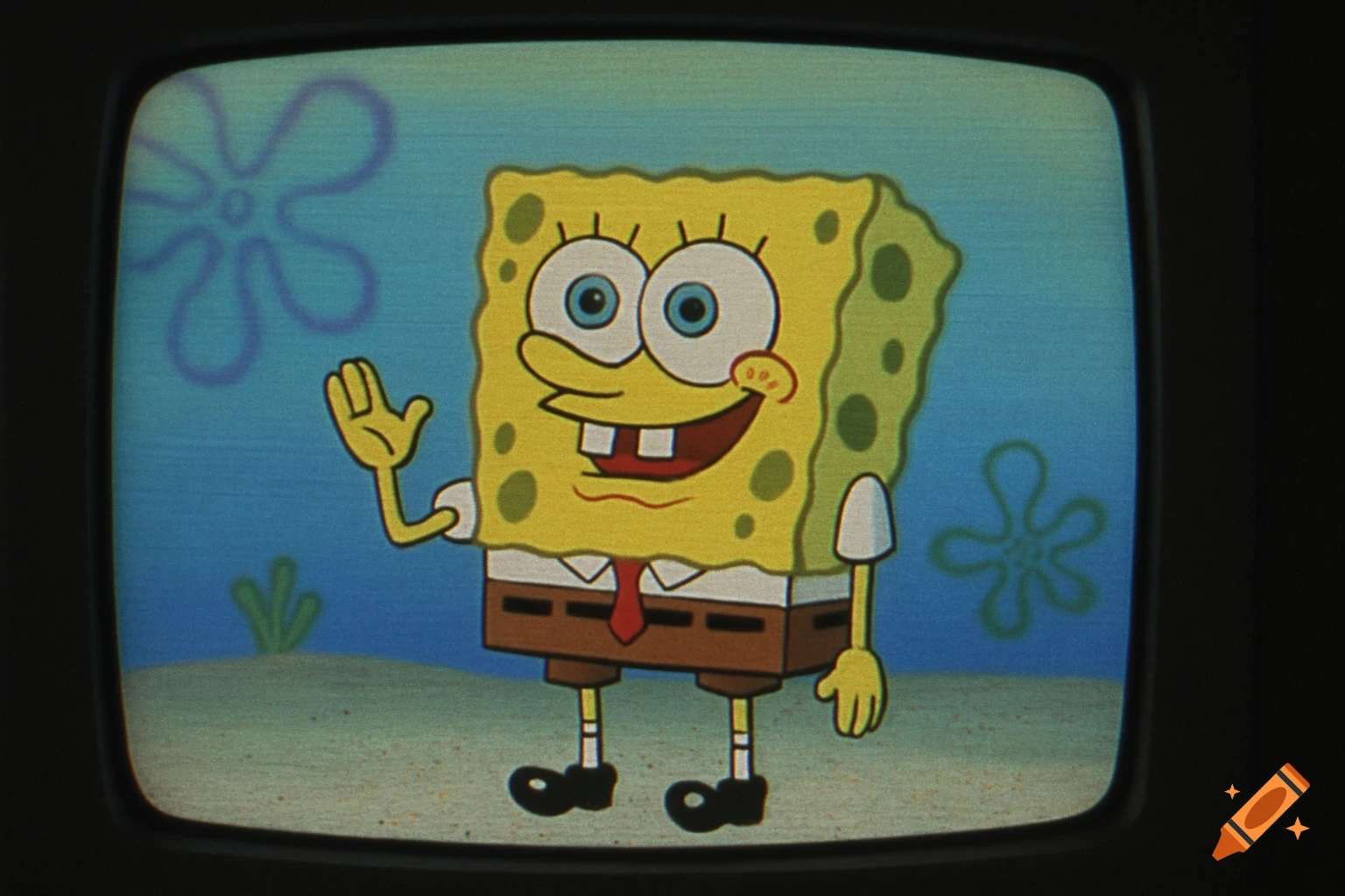 SpongeBob Squarepants waving on a vintage television with VHS effect