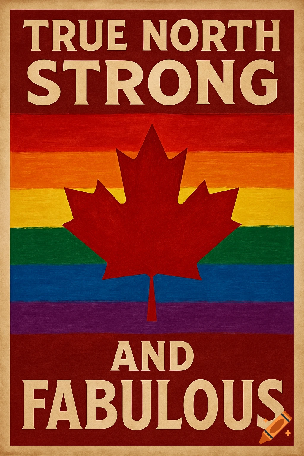 A poster with a red maple leaf over a rainbow stripe background, with the text 'TRUE NORTH STRONG AND FABULOUS'.
