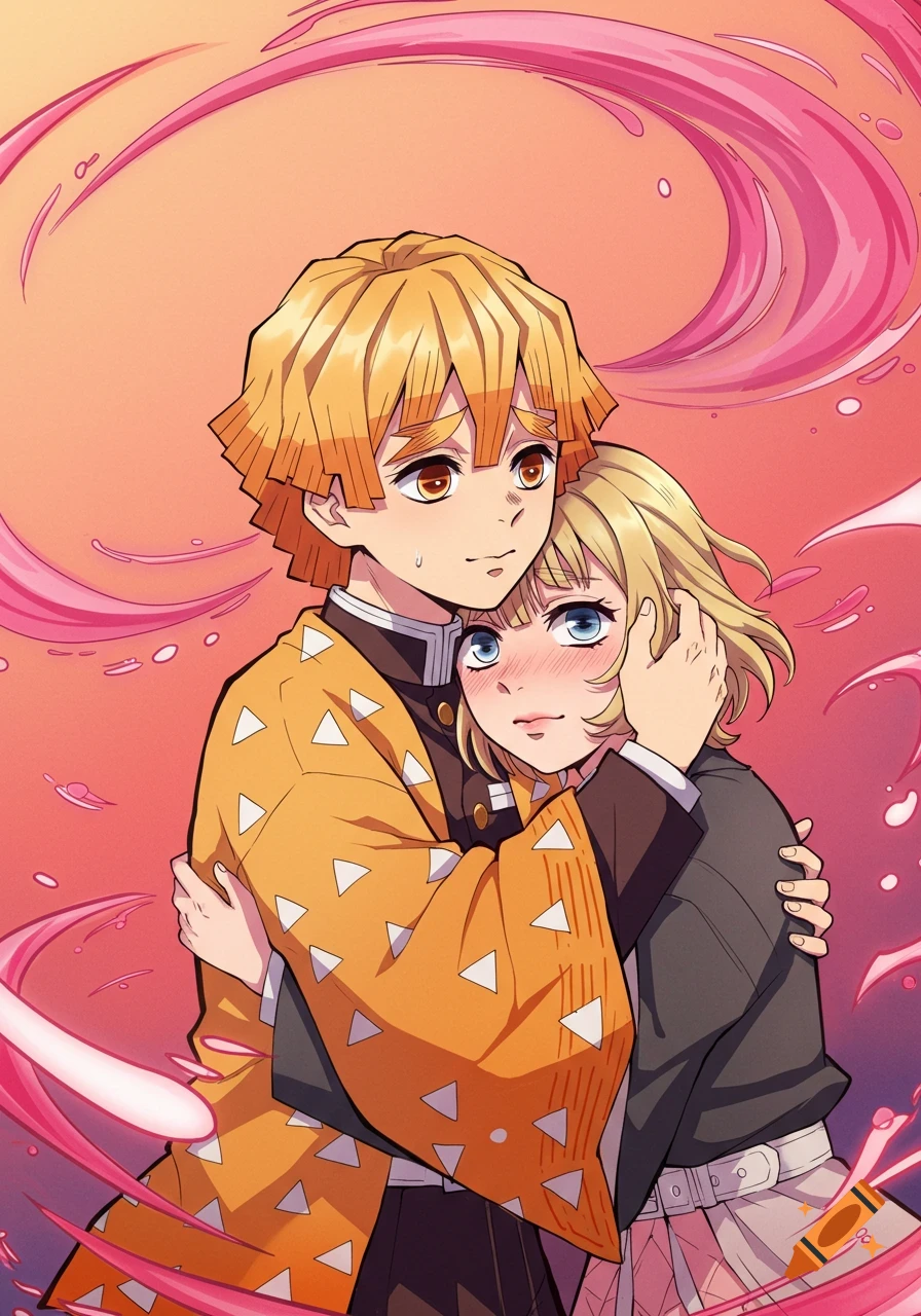 Anime illustration of Zenitsu Agatsuma hugging a blonde woman in a Demon Slayer uniform.