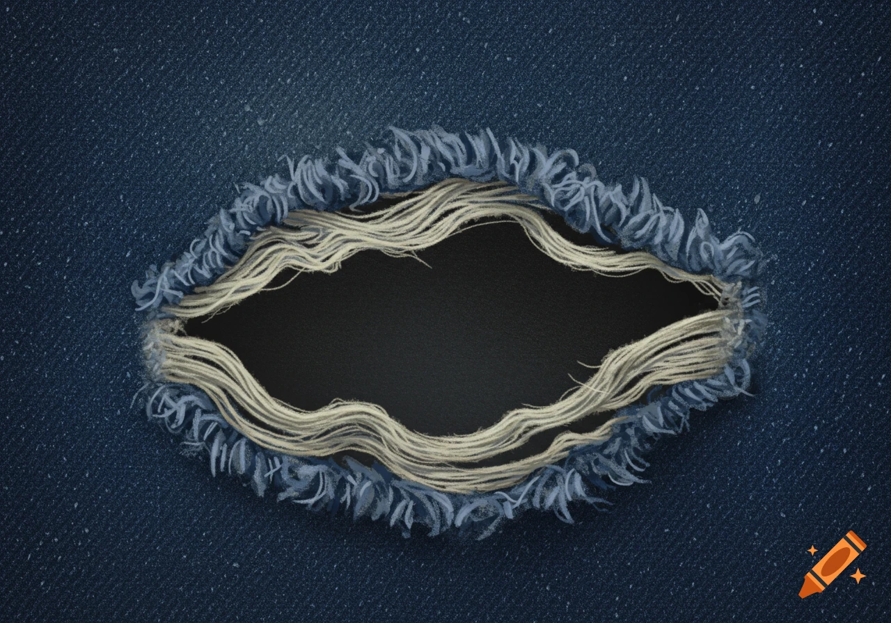 A close-up of a tear in blue denim fabric, showing frayed edges and white threads.