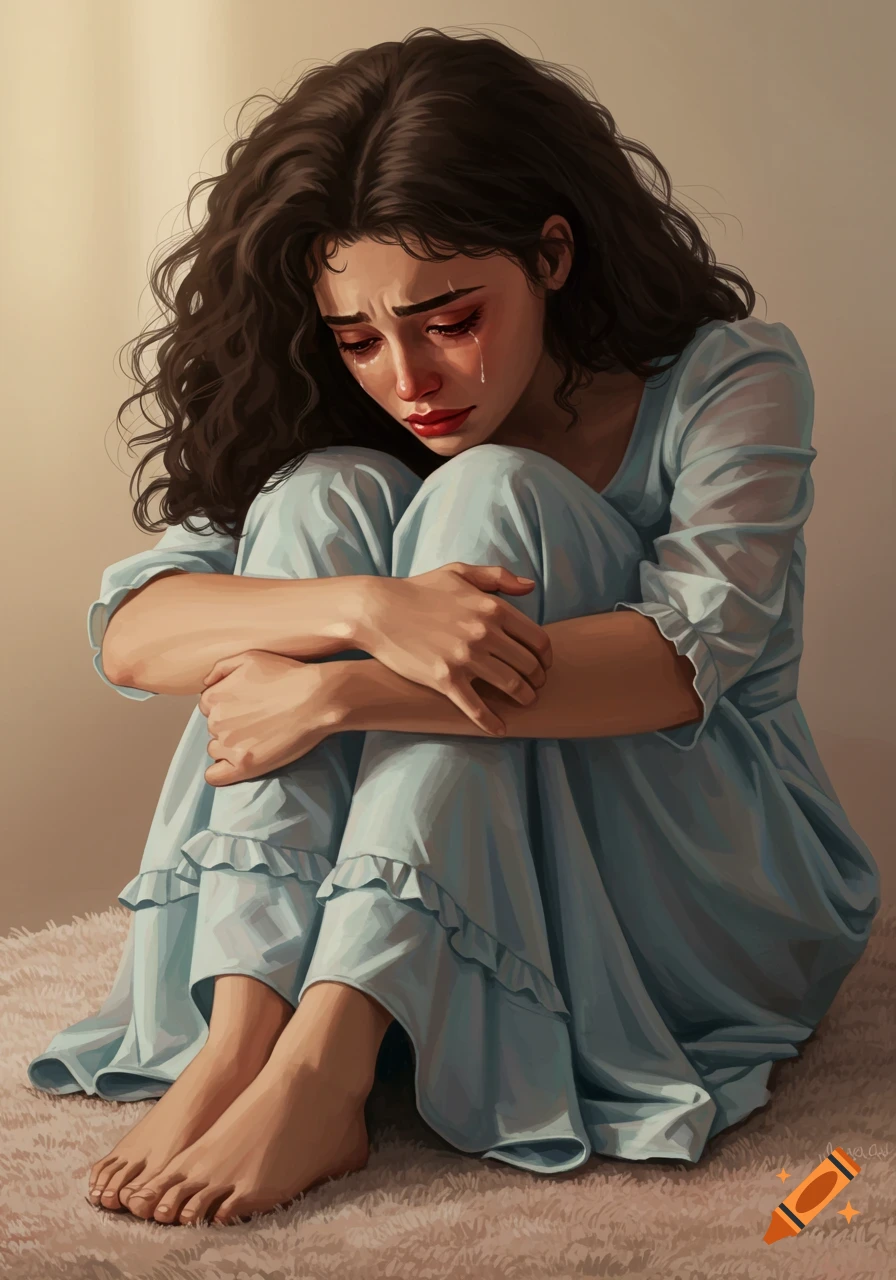 Illustration of a woman sitting and crying, hugging her knees.