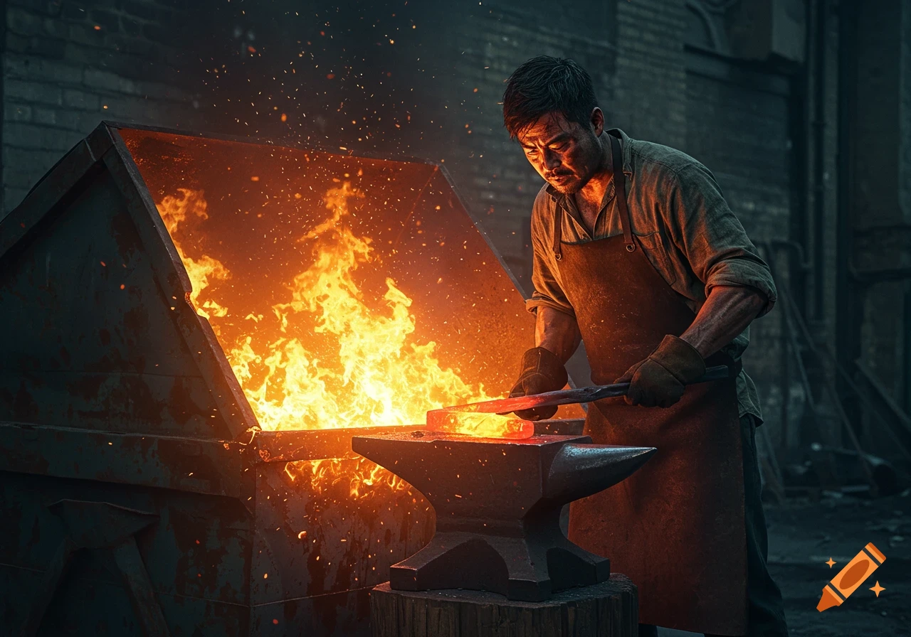Blacksmith works hot steel on an anvil inside a dumpster on fire, photorealistic style.