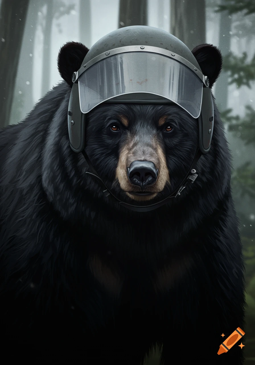 A black bear wearing a riot helmet in a forest.