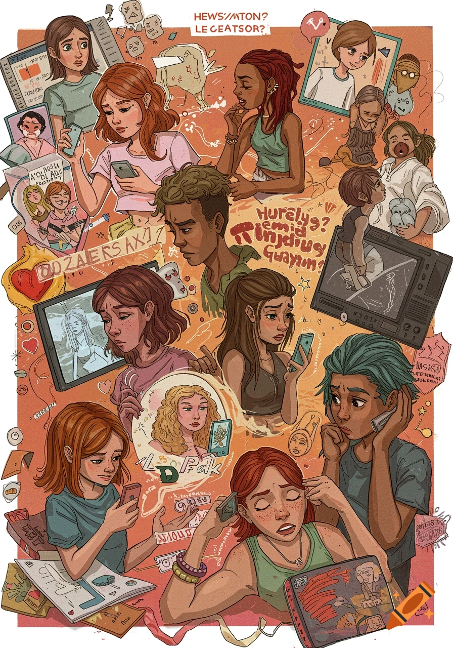 Stylized illustration collage of diverse teenagers looking at phones surrounded by text and symbols.